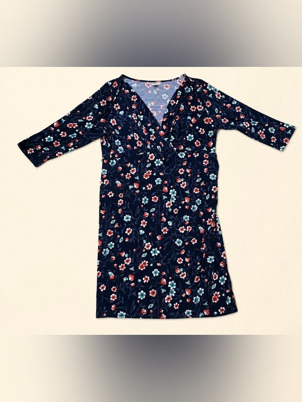 Motherhood Navy Floral Wrap Midi Dress with Coral & Mint Flowers